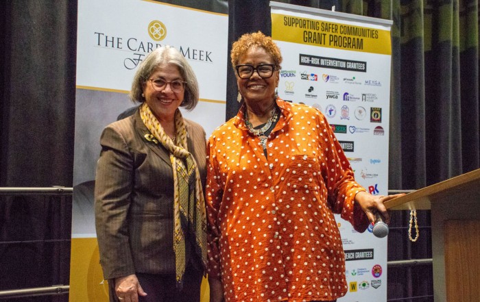 Miami-Dade Mayor Daniella Levine Cava and Carrie Meek Foundation Executive Director Lucia Davis-Raiford at the “Nonprofits in the Neighborhood" event. (Amelia Orjuela Da Silva for The Miami Times)