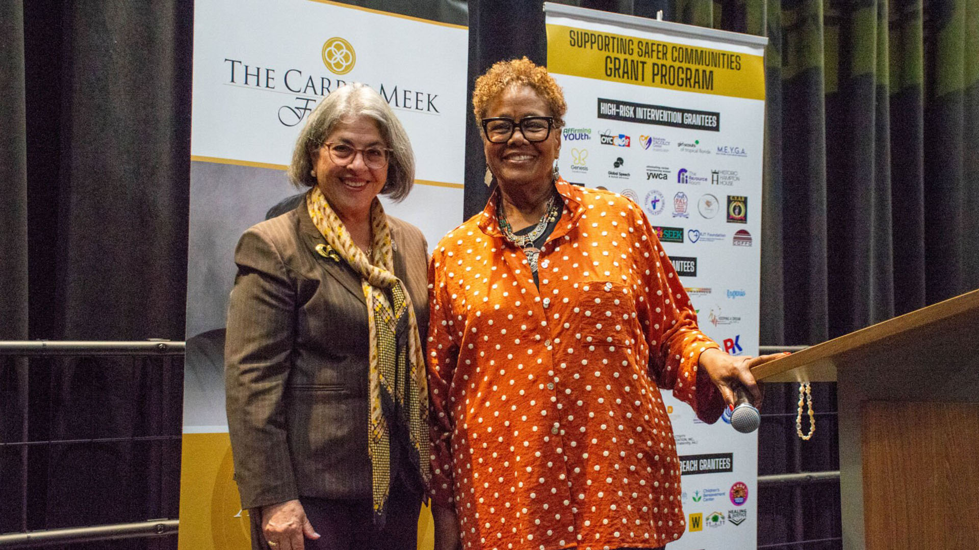 Miami-Dade Mayor Daniella Levine Cava and Carrie Meek Foundation Executive Director Lucia Davis-Raiford at the “Nonprofits in the Neighborhood" event. (Amelia Orjuela Da Silva for The Miami Times)