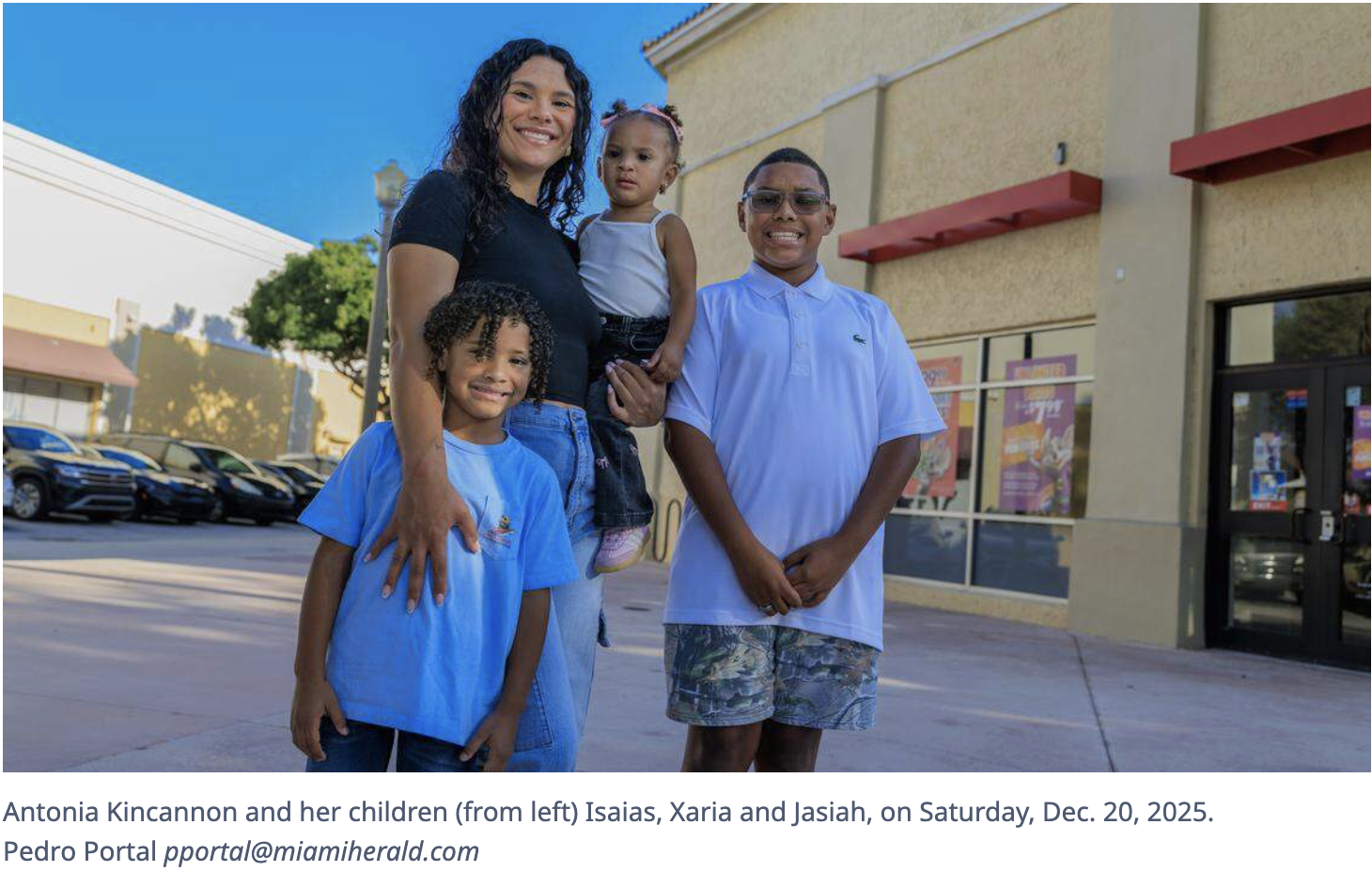 Antonia Kincannon and her children (from left) Isaias, Xaria and Jasiah, on Saturday, Dec. 20, 2025. Pedro Portal pportal@miamiherald.com Read more at: https://www.miamiherald.com/news/local/community/miami-dade/article313787939.html#storylink=cpy